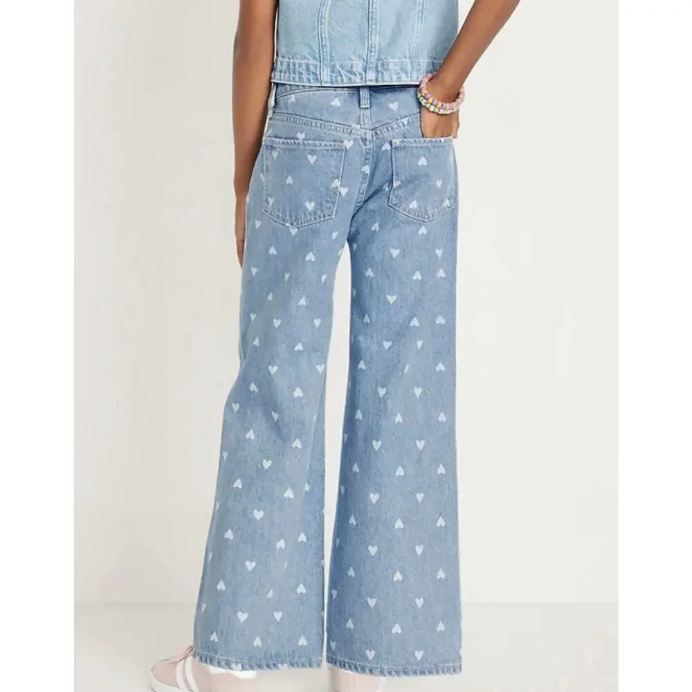 Old Navy Heart Printed High Waisted Baggy Wide Leg Girls Jeans Pants Size 14